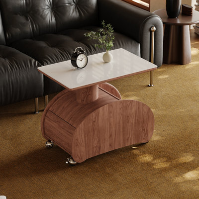 Chariot roulant 25,59 po à hauteur ajustable, base en bois massif multicouche avec plateau en pierre frittée, rangement de tiroir et roulettes silencieuses, chariot d'appoint artistique Mid-Century
