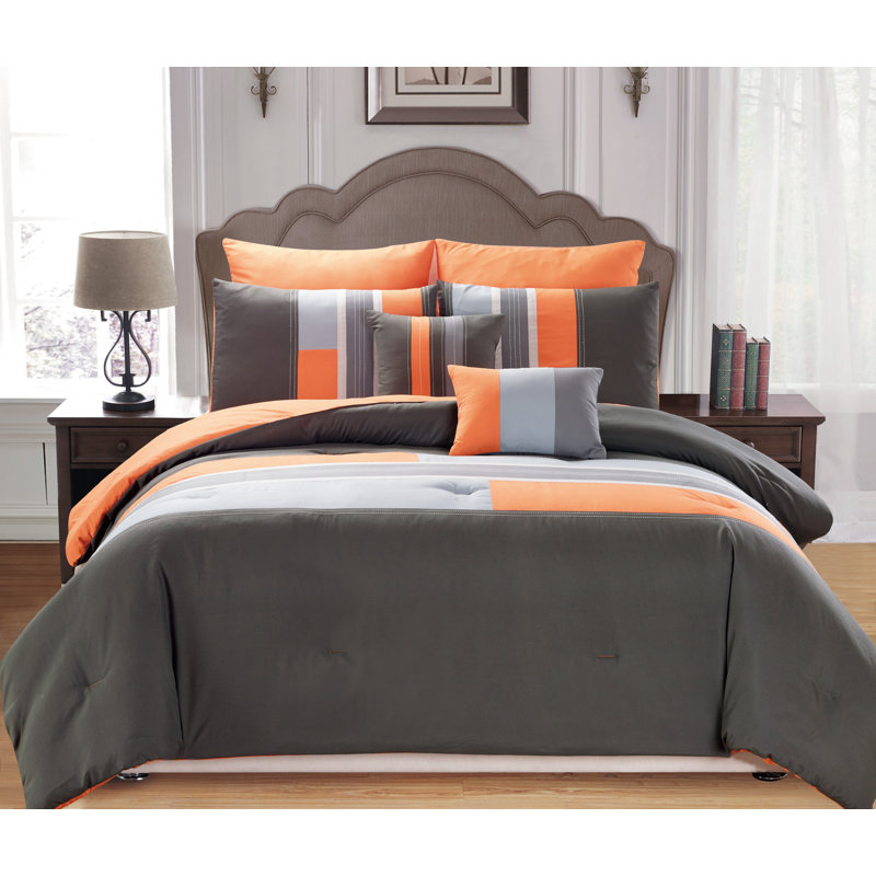 Desiree Polyester Flannel Comforter, Queen Comforter + 2 Pillowcases, Orange/Dark Gray/Gray