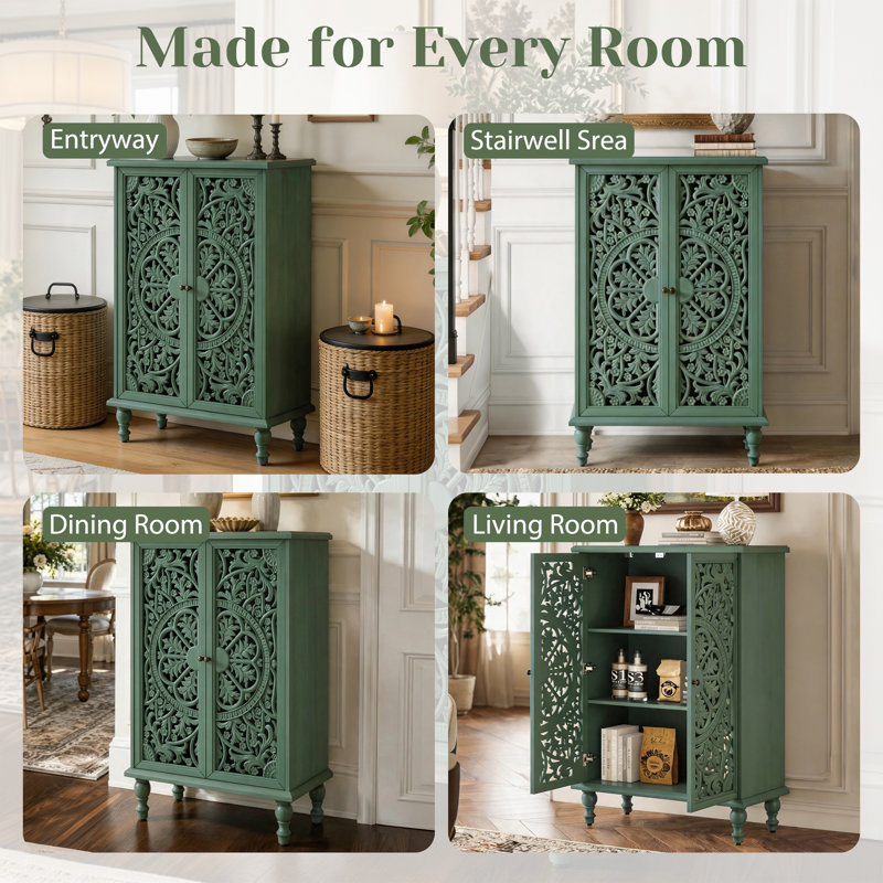 Buffet vintage sculpté et ajouré avec tablette réglable, meuble d'entrée indépendant à 2 portes pour salon ou salle à manger, vert antique