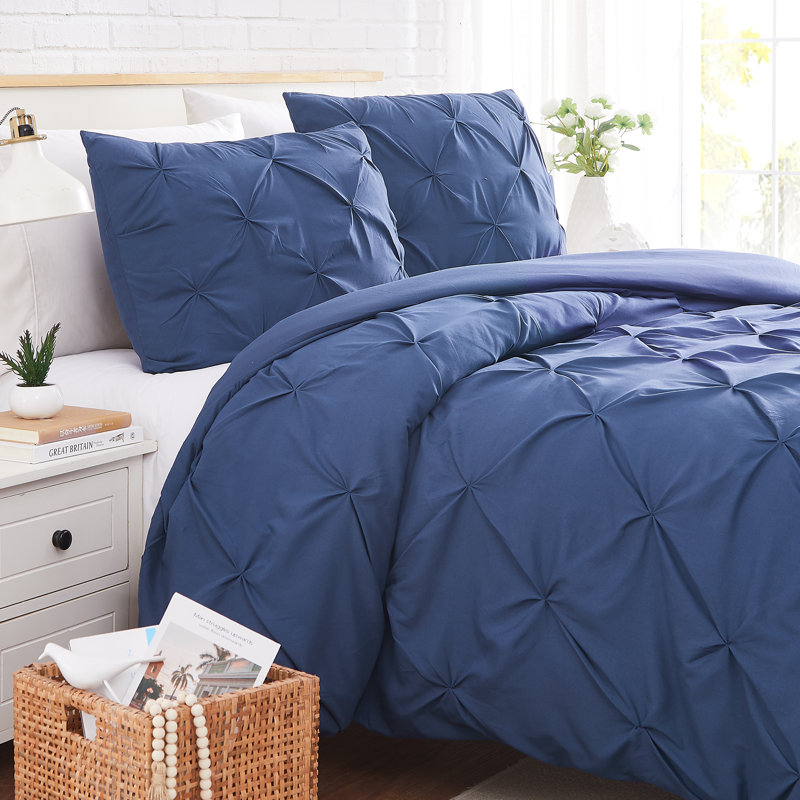 Pinch Pleated, Pintuck Duvet Cover Set with matching shams, Twin Duvet + 1 Standard Sham, Dark Blue
