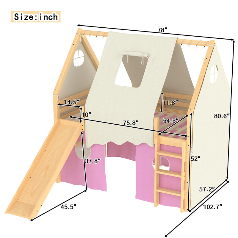 Lit mezzanine pleine grandeur en bois massif avec échelles, glissade, rebords et tentes, lumières DEL, sans sommier, naturel / rose