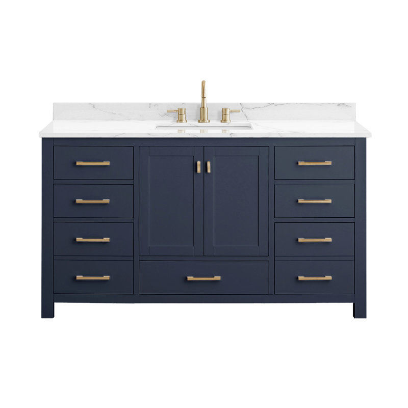 Meuble-lavabo simple 60 po avec plateau Souther, Marine, Marbre blanc de Cala, Doré
