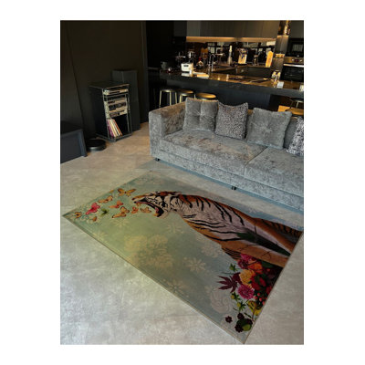 Tapis décoratif moderne à motif de papillon tigre bleu clair lavable à la machine