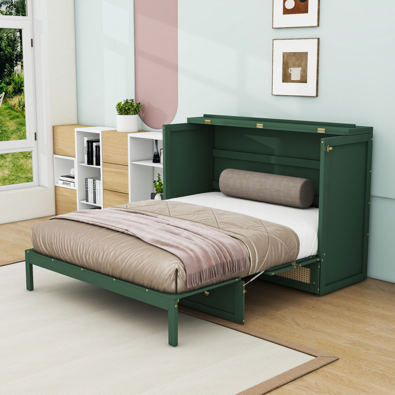 Grand lit escamotable en bois avec tiroirs, Green