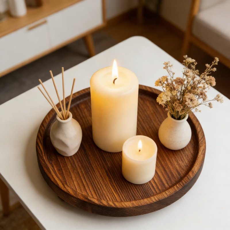 Round Wooden Tray For Home Decor, Handmade Kitchen Counter And Bathroom Vanity Tray With Waterproof Finish, Modern Farmhouse Candle And Display Stand