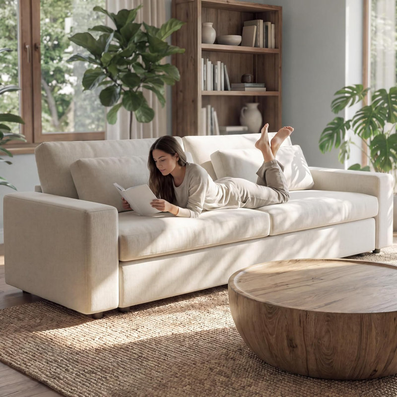 266cm Beige Fabric 3-Seater Sofa,Deep Seat Sofa with Thick Cushions and Soft Backrest for LivingRoom