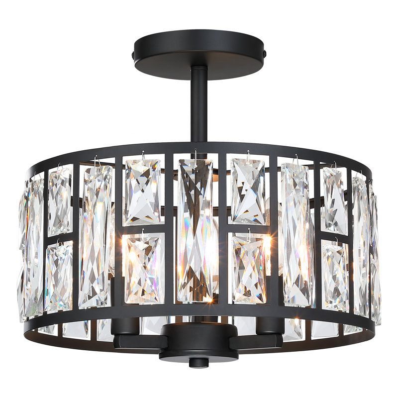 12" W 3-Light Semi Flush Mount with Crystal Shade, Black Ceiling Light with Drum Shade for Bedroom, Black