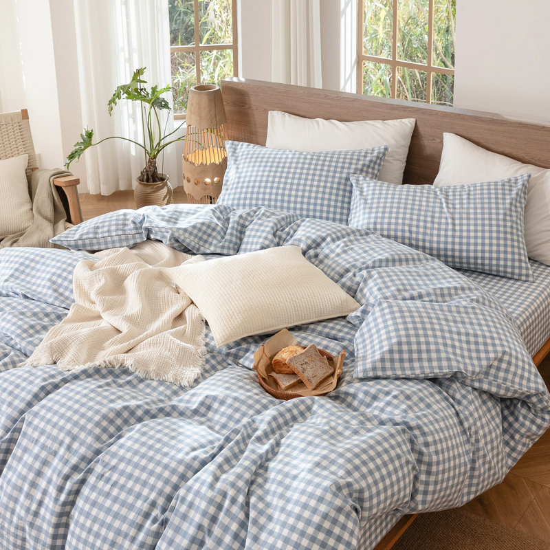 MooMee Gingham Duvet Cover Set 100% Washed Cotton Linen Like Lightweight, Cornflower Blue