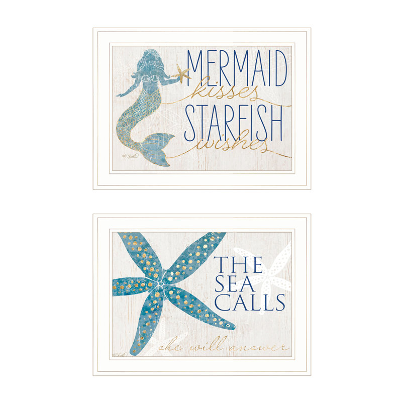 «Mermaid Kisses Starfish Wishes», vignette 2 pièces par Kate Sherrill, reproduction encadrée prête à accrocher, cadre blanc
