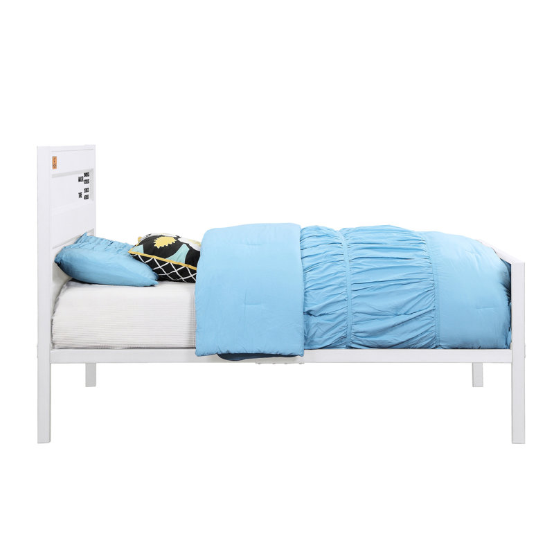 Lit plateforme double en métal blanc, avec thème de contenant de chargement, sommier tapissier non requis pour un cadre de chambre à la mode à thème blanc, taille, aucune condition requise