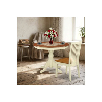Buttermilk And Cherry Solid Wood Round 3 Piece Dining Set With Pedestal Table And 2 Chairs