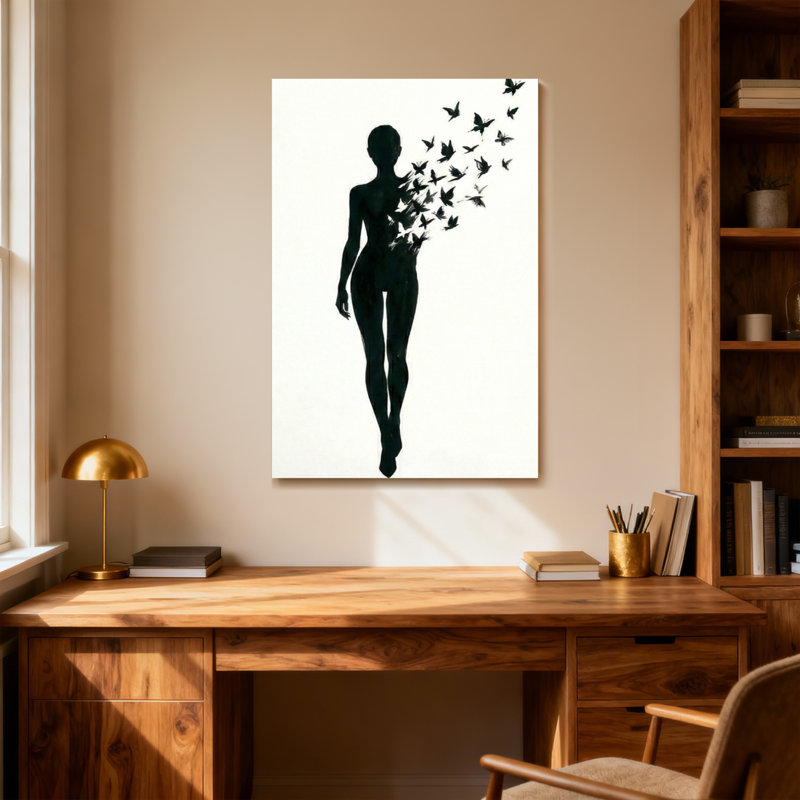 «Abstract Silhouette Woman Birds Flight», reproduction d'art sur toile, H 40 po x l 28 po