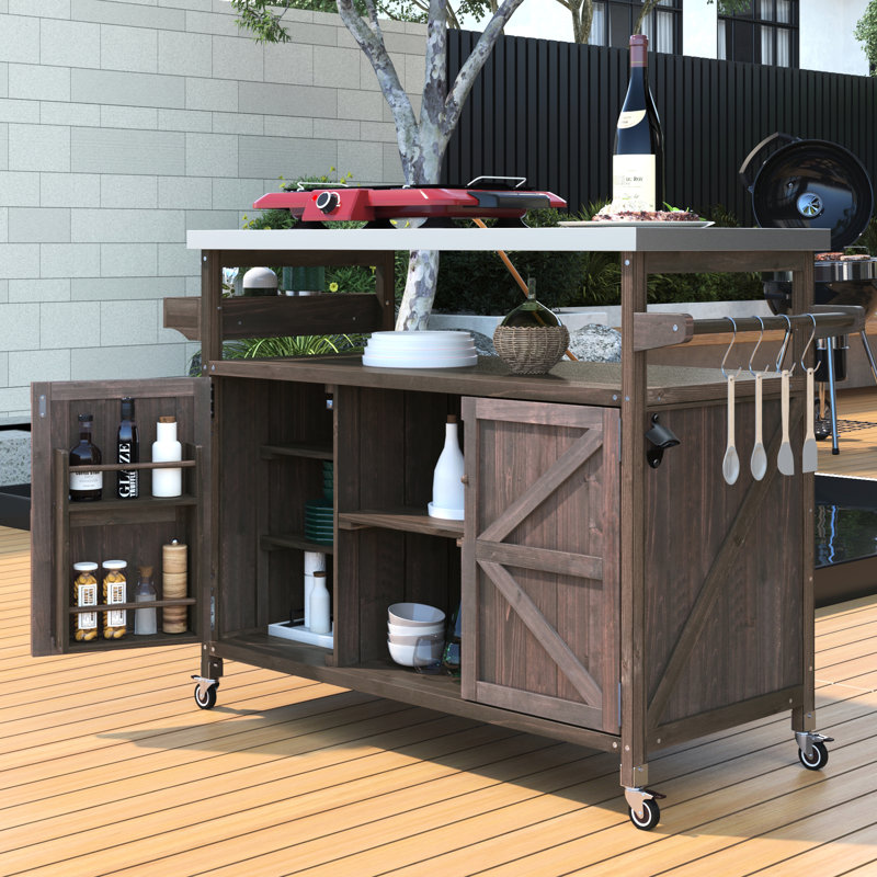 Luxury Outdoor Kitchen Table With 4*360 Smooth Lockable Wheels & Spice Rack Bar 4 S-Hook Hangers, Dark Brown
