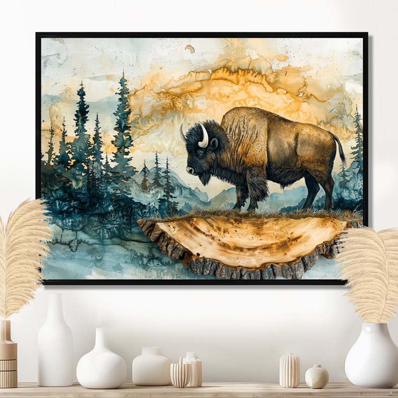 Bison américain dans un paysage d'été II - Bison, art mural pour le salon, H 12 po x l 20 po, Cadre flottant, Noir