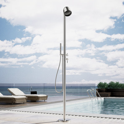 Douche extérieure autoportante unique en acier inoxydable 304 avec pomme de douche à pluie Spotlight de 6 po et douchette multifonctionnelle - Finition nickel brossé