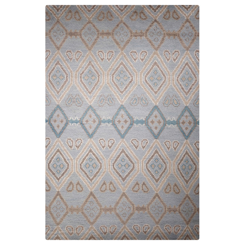 Light Blue Wool Handmade Geometric Hand Knotted Rectangle Indoor Area Rug, Rectangle 5' x 8'