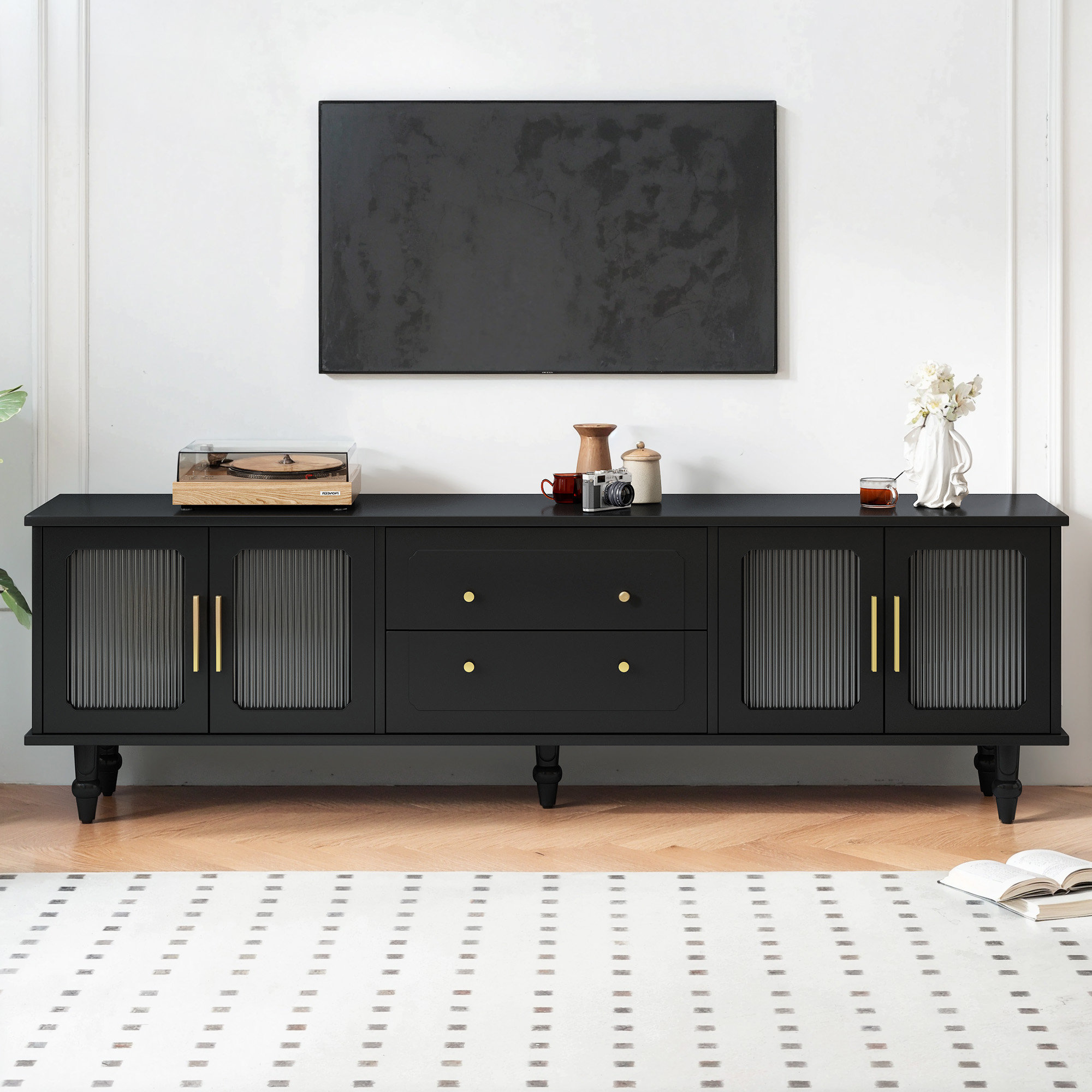 Retro Design Tv Stand With Fluted Glass Doors For Tvs Up To
