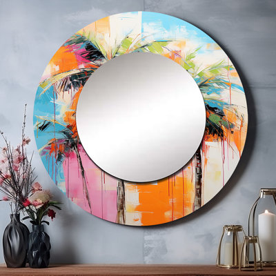 Sakia Palm Trees Palm V - miroir unique avec palmiers, grand miroir mural rond traditionnel, impression d'art en métal