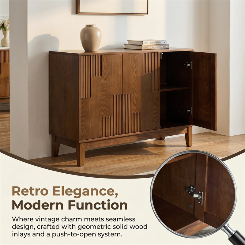 Buffet avec rangement, armoire décorative à rayures verticales, tablettes réglables, armoire de rangement polyvalente, style Mid-Century moderne, noir