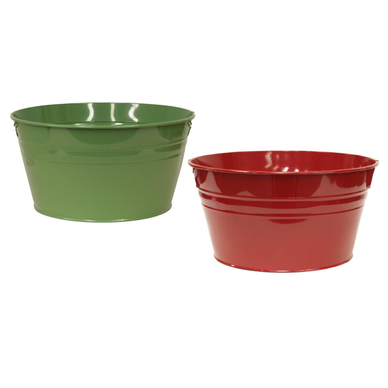 Enameled Galvanized Steel Planter, Set Of Two, Green/Red