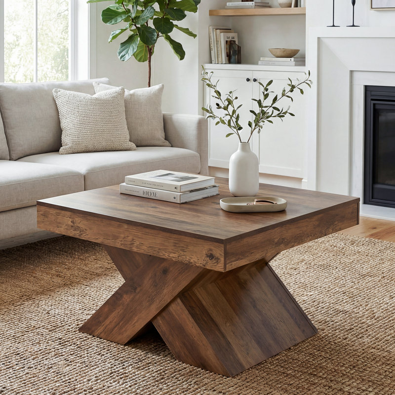 31.49" Square Wood Coffee Table With X-Base, Farmhouse Accent Center Table For Living Room, Small Spaces