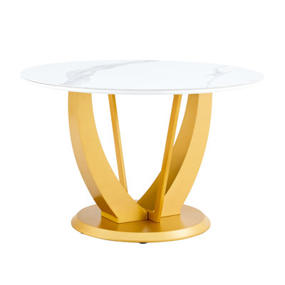 Élégante table ronde blanche de 48 pouces avec des pieds dorés pour une base luxueuse et moderne