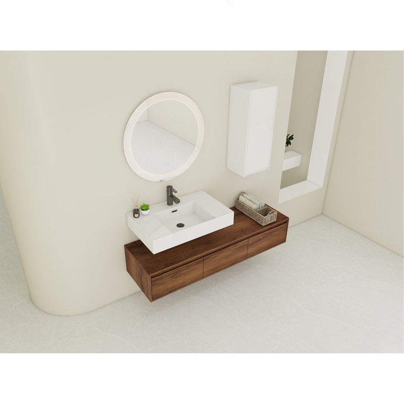 Meuble-lavabo mural de 60 pouces avec lavabo en résine et armoire latérale, 3 tiroirs à fermeture en douceur, fixation flottante