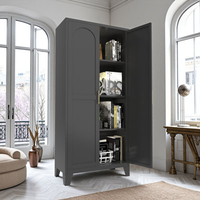 Armoire de rangement 61 po à 2 portes galbées, armoire de rangement en métal avec portes et tablettes réglables, pour chambre à coucher, salon (noir)