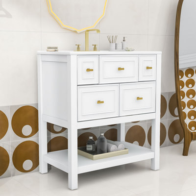 Meuble-lavabo autoportant de 30 po avec lavabo en céramique, tablette de rangement et 5 tiroirs