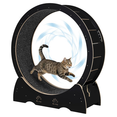 Cat Exercise Wheel, Wooden Cat Running Treadmill with Carpeted Runway for Indoor Cats, Low Noise Removable Carpet Cat Wheel for Kitty Running Walking Training