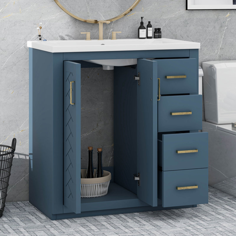 Ensemble de meuble-lavabo autoportant 36 po avec 3 tiroirs en céramique 36 po, Bleu