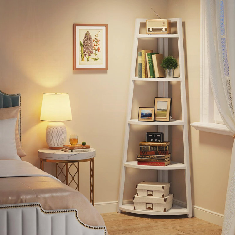 70.07" Tall Corner Shelf, 5 Tier Corner Bookshelf Bookcase Industrial Corner Ladder Shelf Plant Stand For Living Room, White