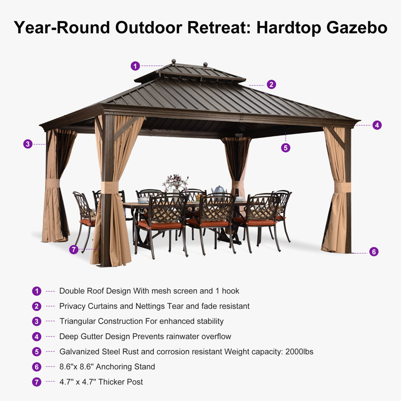 PURPLE LEAF 12' x 14'  Hardtop Gazebo Canopy for Patio Deck Backyard Heavy Duty Outside Sunshade with Netting and Curtains Outdoor Permanent Metal Pavilion