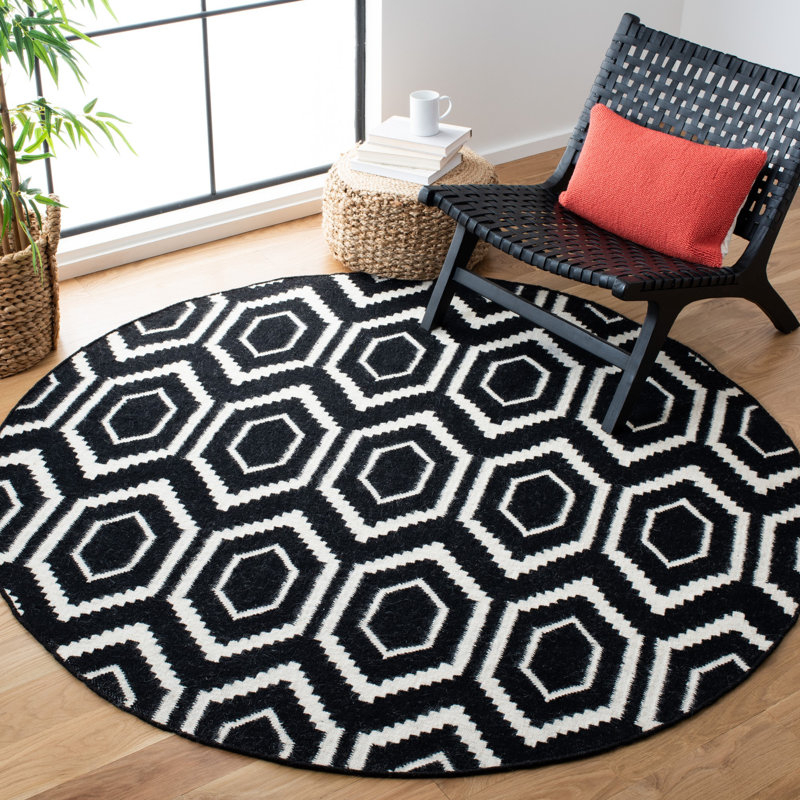 Tapis noir / ivoire en laine et coton tissé à la main Bullock, Rond 6 pi