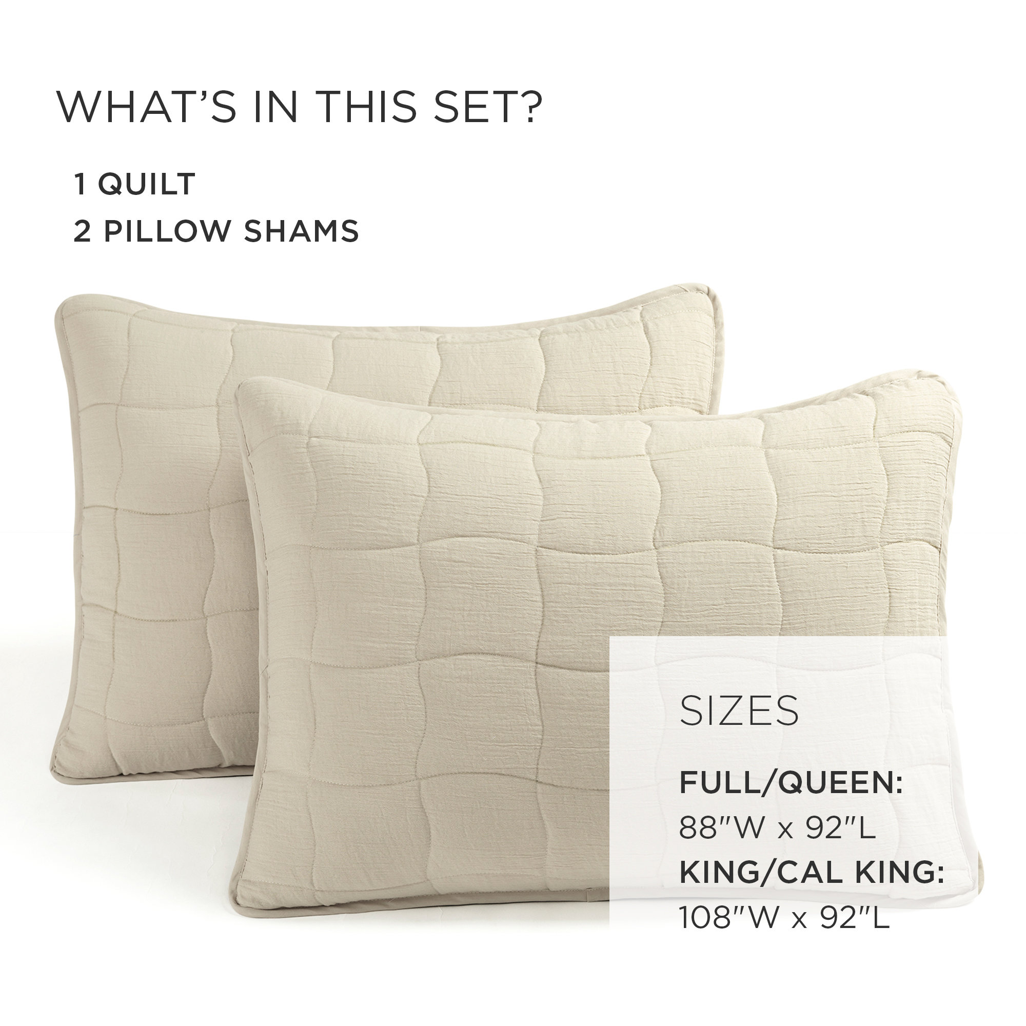 Cloud Gauze Quilt 3Pc Set, King Quilt + 2 King Shams, Beige