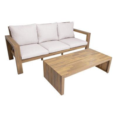 3-Seater Patio Set Outdoor Sofa & Coffee Table Set Outdoor Conversation Set with Cushions and a Coffee Table for Garden, Backyard, Balcony, Poolside, Light Teak+Beige Cushion
