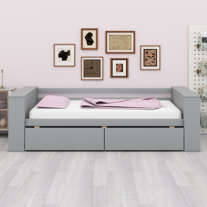 Lit de jour avec tablettes et tiroirs, Gris