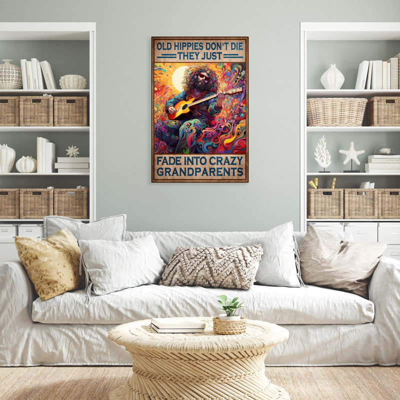 Old Hippie Dont Die - 1 pièce, reproduction d'art graphique sur toile tendue, H 14 po x l 11 po x P 1,25 po