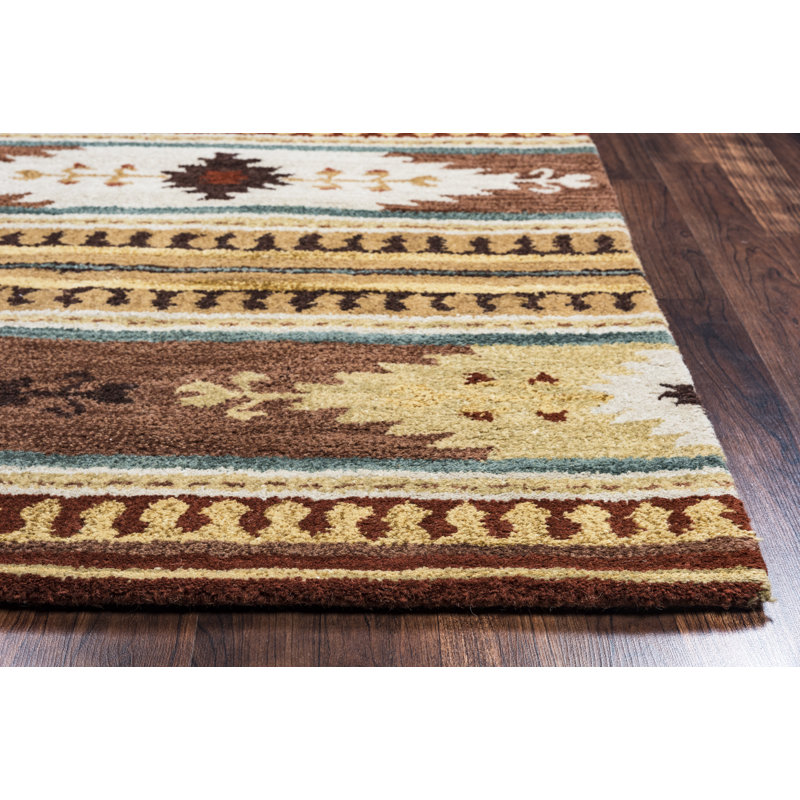 Tapis brun / kaki / bleu en laine touffeté à la main Tyngsborough Southwestern, Rectangulaire 3 pi x 5 pi