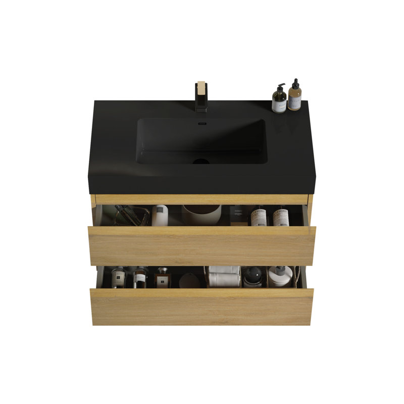 Meuble-lavabo mural 36 po en chêne avec lavabo noir, grand meuble-lavabo flottant mural pour salle de bain moderne, lavabo une pièce noir sans drain, pré-assemblé