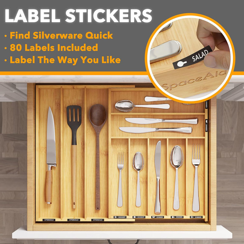 Natural Bamboo Adjustable Silverware Drawer Organizer with Labels