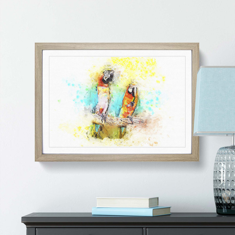 Two Macaw Parrots on a Branch in Abstract - Picture Frame Painting Print, 27cm H x 36cm W x 2cm D, Oak Framed