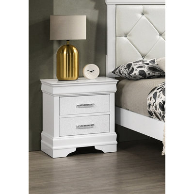 2 Drawer Nightstand In Modern - White, Solid Wood With Textured And Diamond Design For Bedroom Furniture Style Appearance