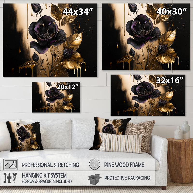 Polina noir et or violettes I - impression, H 30 po x l 40 po x P 1,5 po, Toile tendue