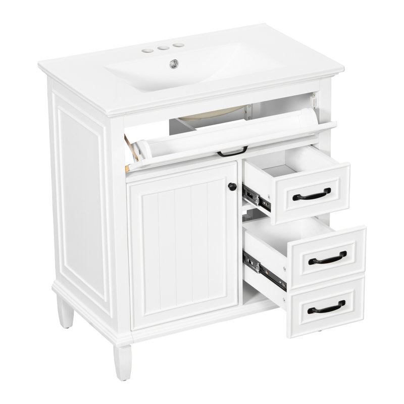 30-Inch White Bathroom Vanity with Ceramic Sink Top, Solid Wood and MDF Construction