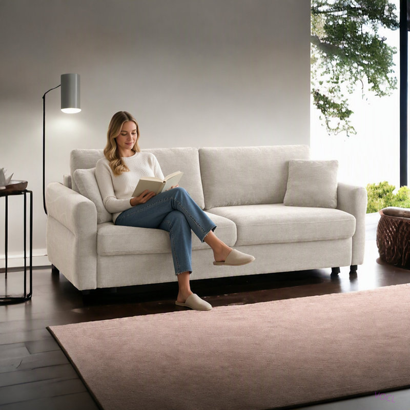 Fabric Pull-out Sleeper with Storage, Beige Fabric