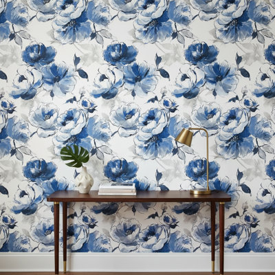 Papier peint floral amovible fond blanc