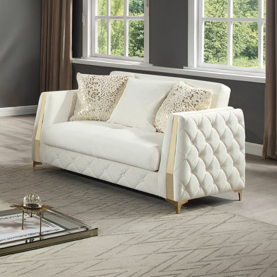 Lippa Upholstered Loveseat in Off White Fabric with Gold Stainless Steel Legs, Foam Cushioning and Sturdy Wood Frame