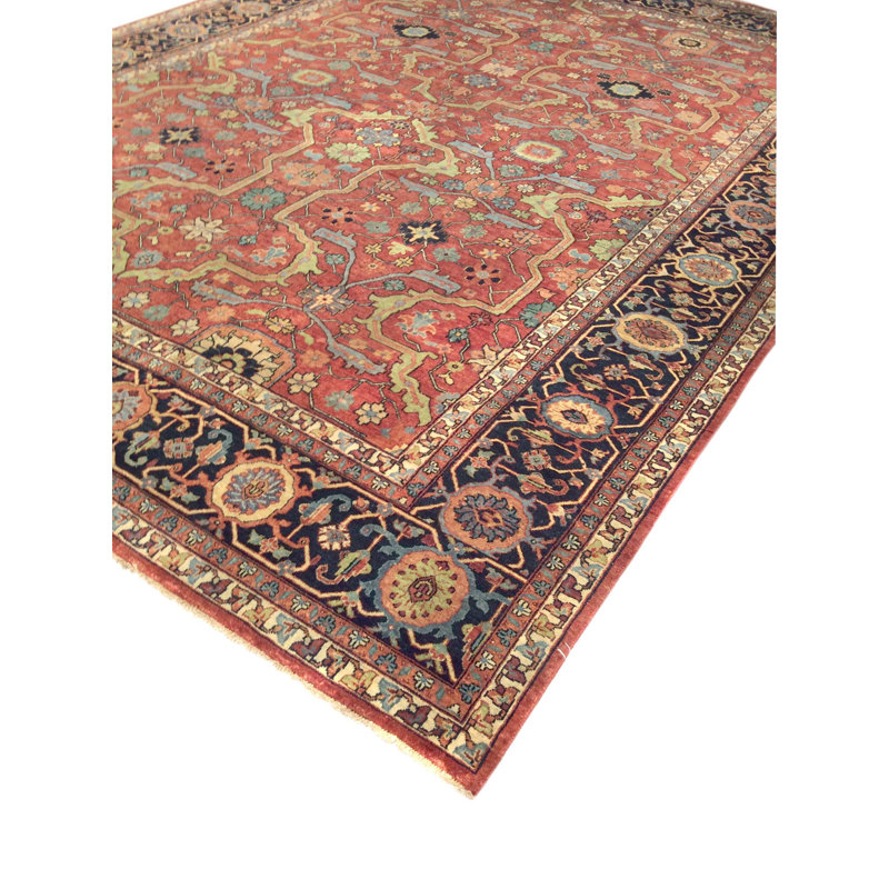 Ferehan Hand Knotted Wool Floral Area Rug in Navy, Rectangle 10' x 14'