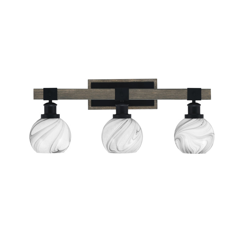 Bitner 3 Light Bath Bar Shown In Matte Black & Painted Distressed Wood-Look Metal Finish With 5.75" Onyx Swirl Glass